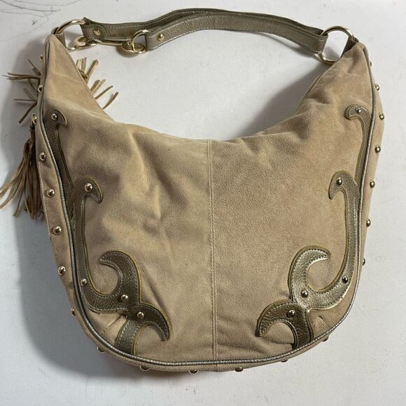 Lexi Bloom khaki faux suede and gold tone studs ajustable shoulder bag - Picture 1 of 12